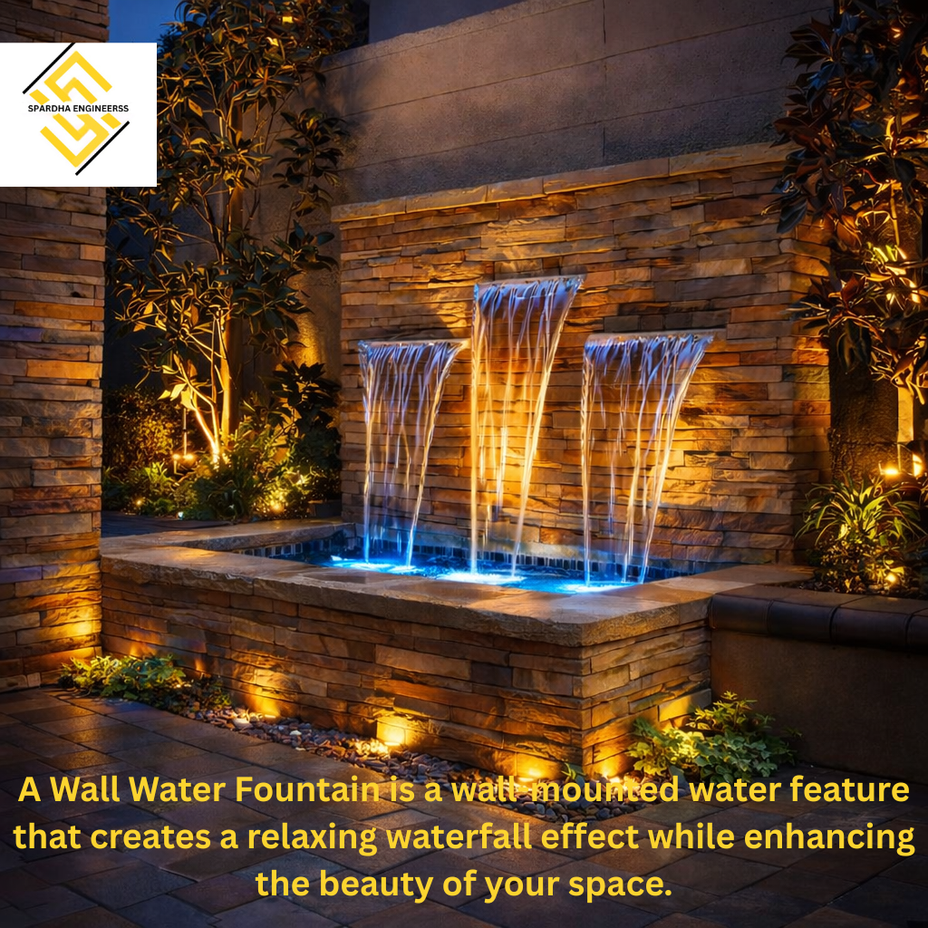 Modern wall waterfall fountain with LED lighting for indoor living space