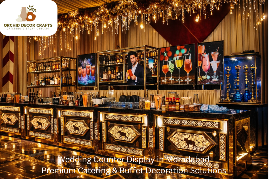 Elegant wedding counter display in Moradabad featuring floral décor, handcrafted decorative items, and premium lighting setup