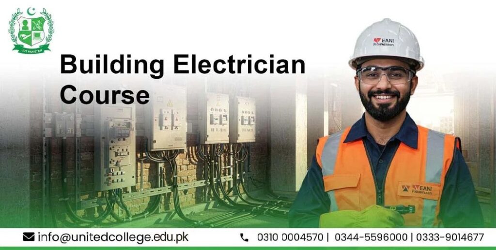 A smiling man in an orange safety vest and helmet stands beside electrical panels. Text reads "Building Electrician Course." Contact info is below.