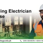 A smiling man in an orange safety vest and helmet stands beside electrical panels. Text reads "Building Electrician Course." Contact info is below.