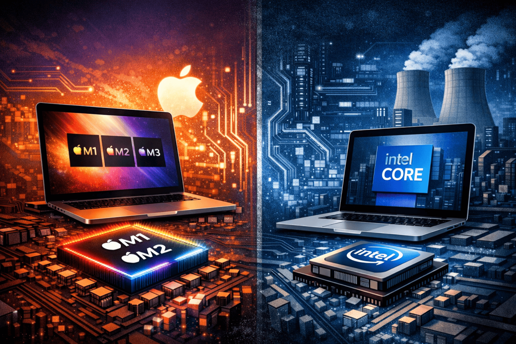 Apple Silicon vs Intel comparison image showing two MacBooks, one with glowing M1, M3 chips and the other with Intel Core chip, symbolizing the evolution of Mac technology.