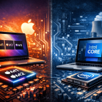 Apple Silicon vs Intel comparison image showing two MacBooks, one with glowing M1, M3 chips and the other with Intel Core chip, symbolizing the evolution of Mac technology.