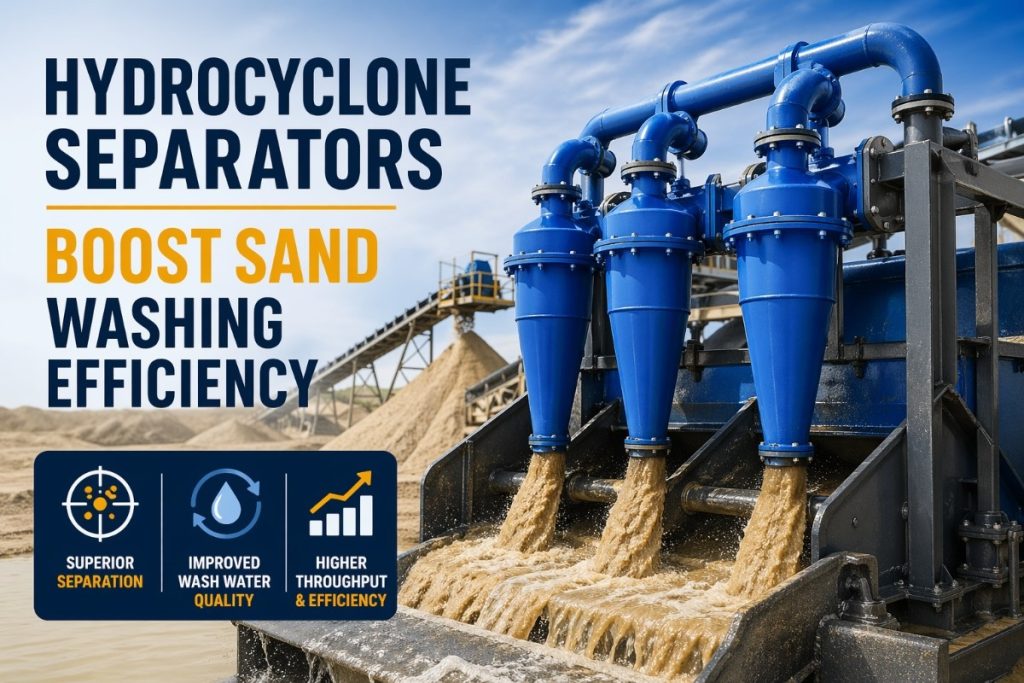 Hydrocyclone separators enhancing sand washing efficiency through superior separation, cleaner water output, and higher throughput in modern processing plants.