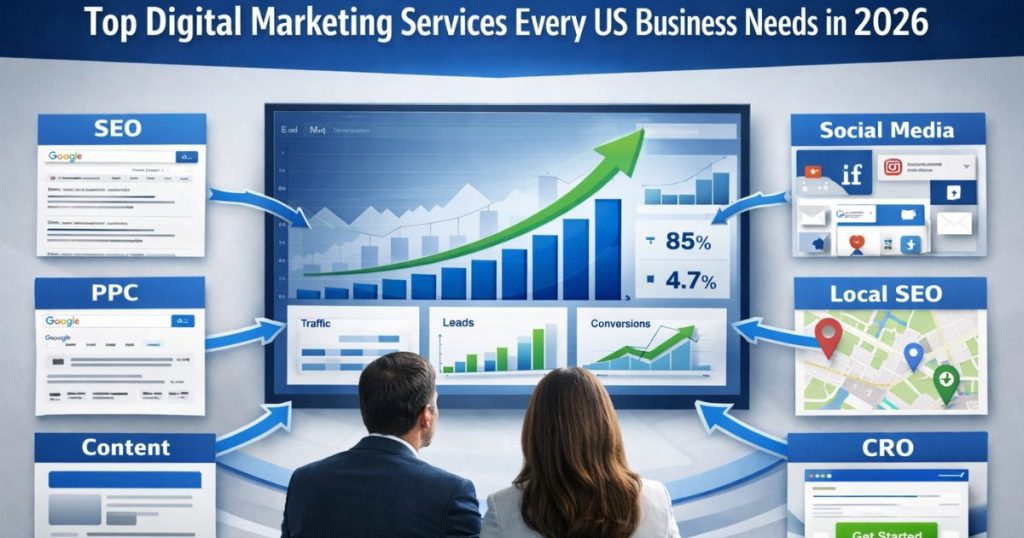 Top digital marketing services in USA showing SEO, PPC, content marketing, social media, local SEO and CRO connected to business growth dashboard