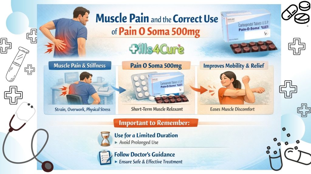 Muscle pain relief with Pain O Soma 500mg showing stiffness, treatment use, and improved mobility with short-term muscle relaxant benefits