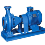Blue industrial centrifugal pump connected to an electric motor on a metal base.