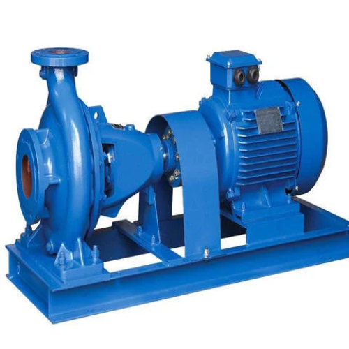 Blue industrial centrifugal pump connected to an electric motor on a metal base.
