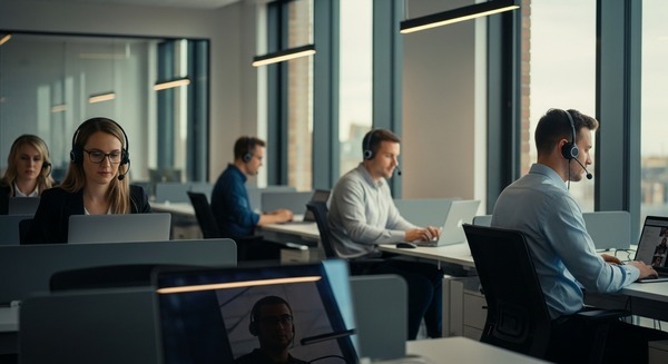 Team using cloud phone system in a modern UK office