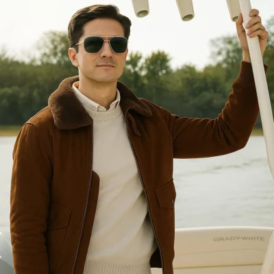 Topher Grace suede jacket from The Waterfront